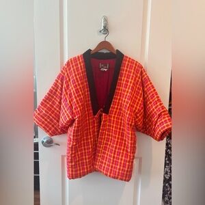 Plaid Kimono Jacket with Black Trim